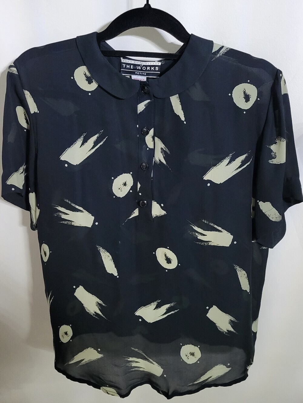 Saks Fifth Avenue Black Short-Sleeve Silk  Shirt w/ Cream Abstract Print Size 4P
